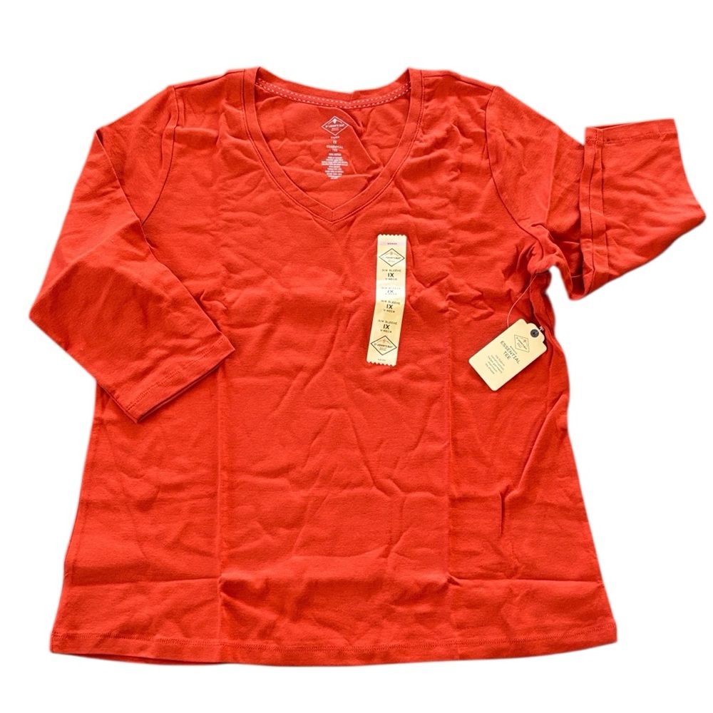 St Johns Bay Essential Tee Orange  3/4 Sleeve‎ V-Neck Size 1X NWT
